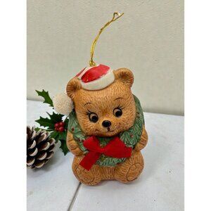 Christmas Bear Ornament Bell Vintage 1980s Santa Hat Wreath Accents Taiwan